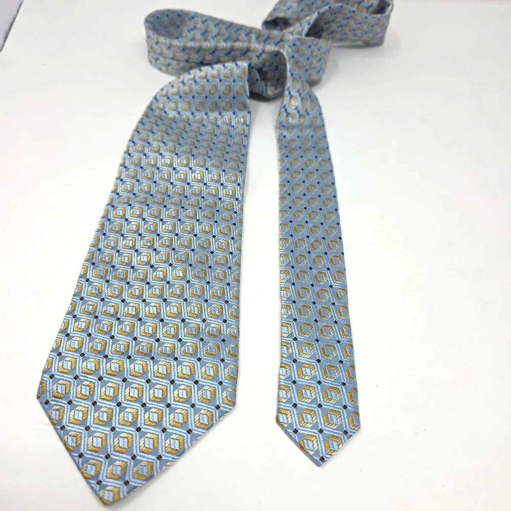 Ermenegildo Zegna Silk Tie‎ Mens Blue Gold Geometric Hexagon Classic Italy 58
